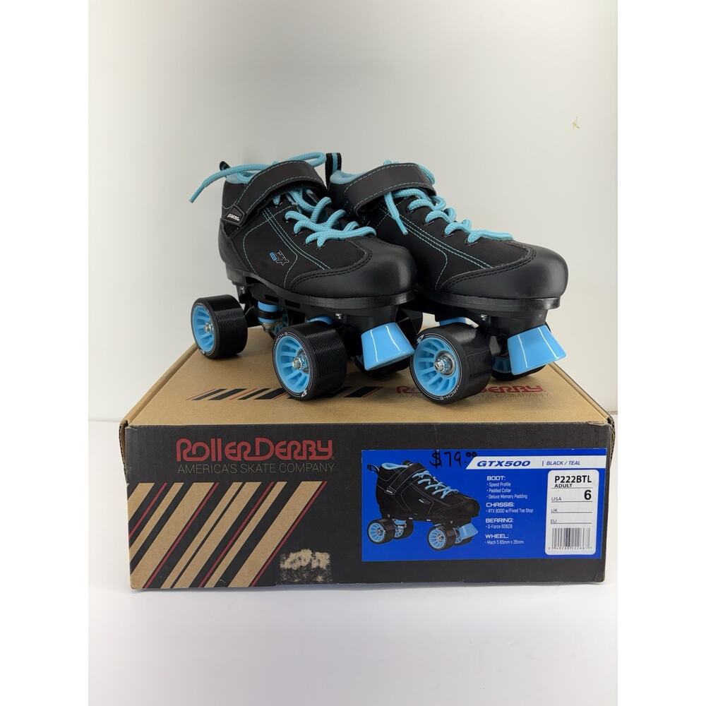 GTX 500 Roller Skate Black/Teal Size 6 Adult Roller Derby America’s Skate Comp